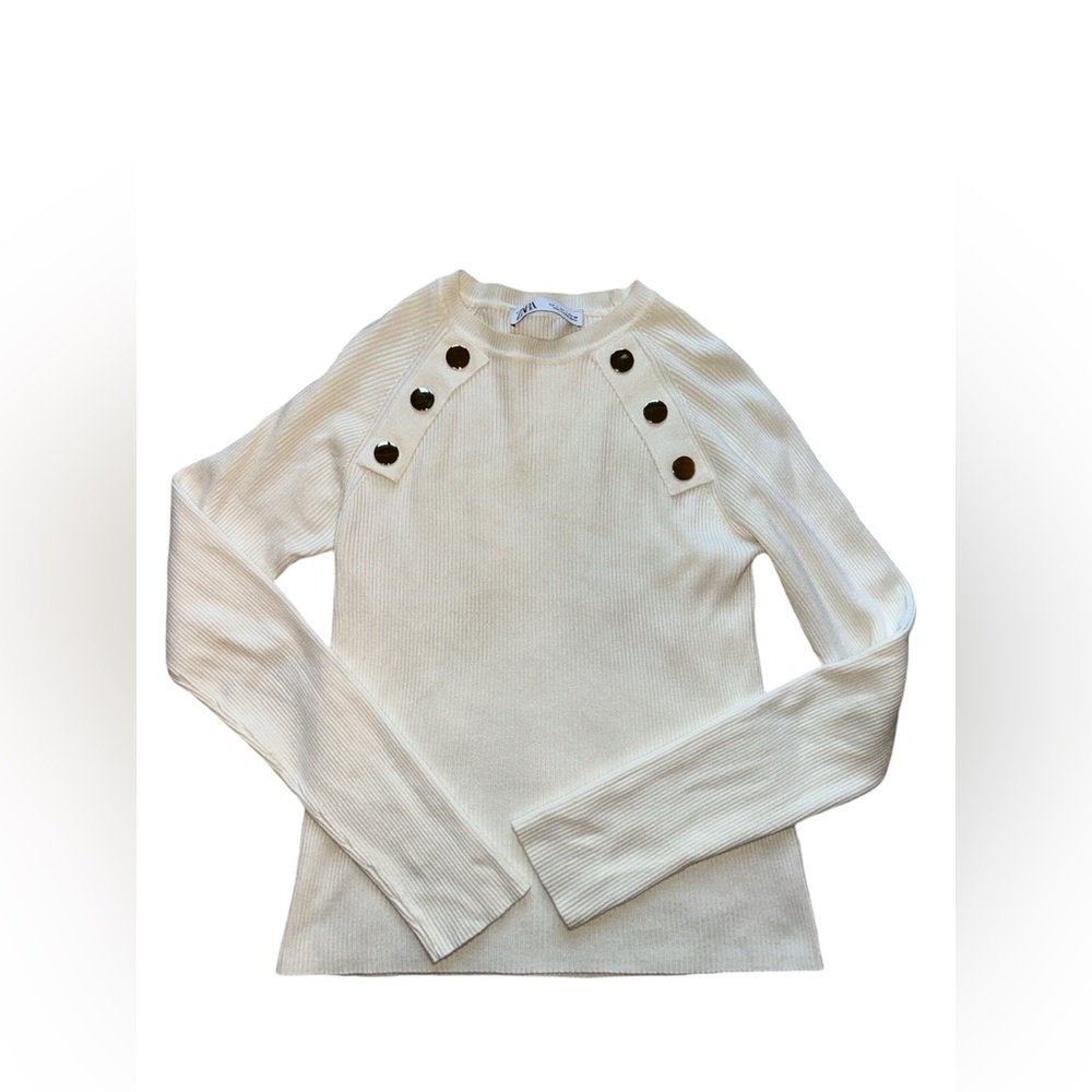 Women’s Zara Ribbed Knit Ivory Sweater With Gold Button Details Size Large